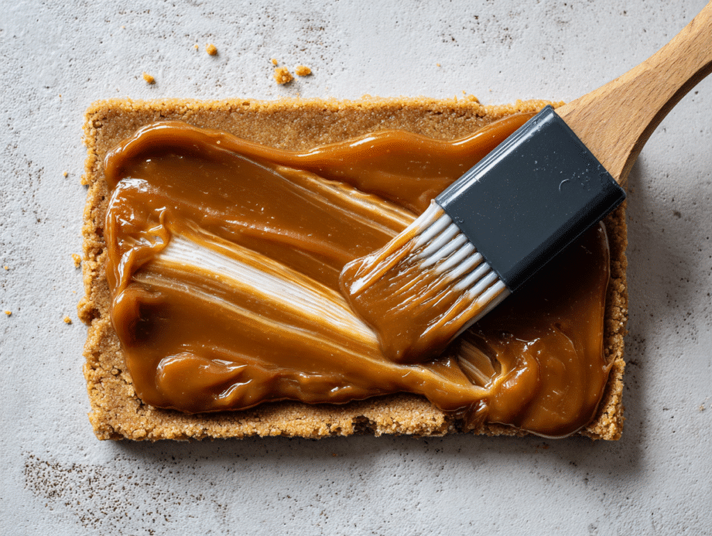 Spreading date caramel over shortbread layer for healthy Twix bars