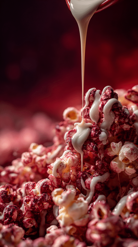 White chocolate drizzle on red popcorn