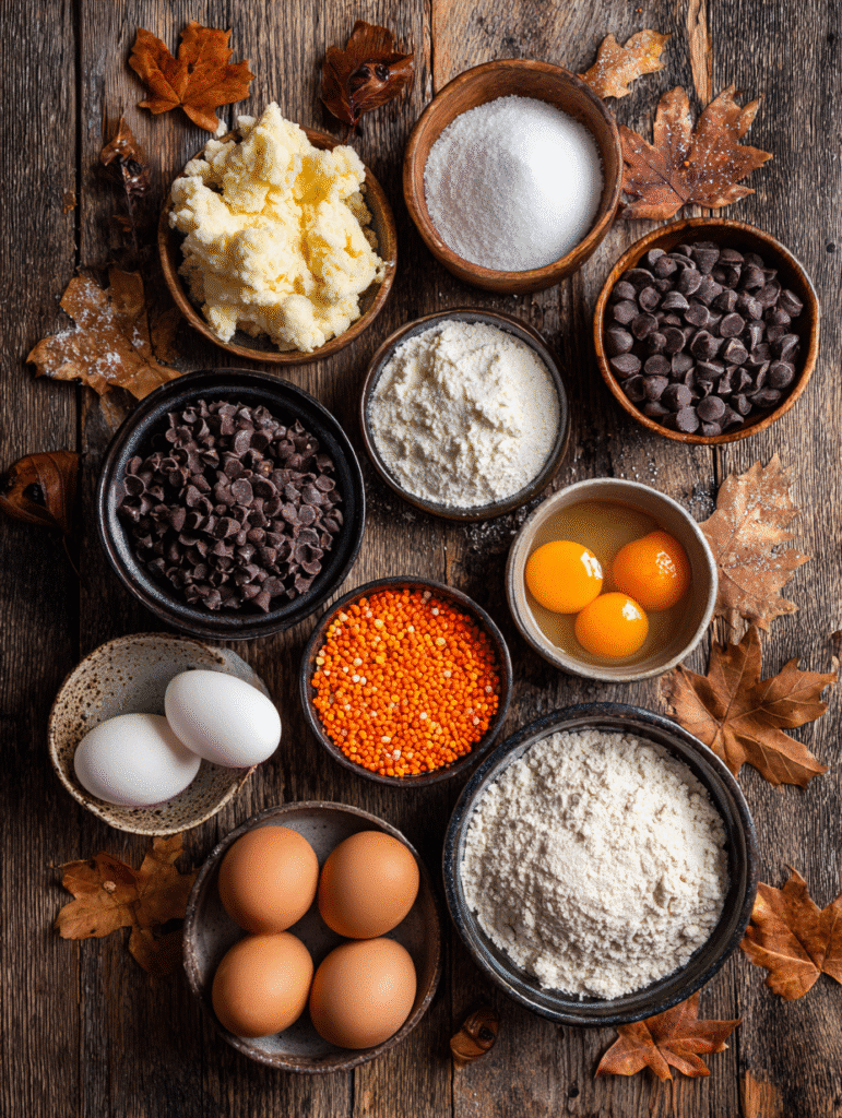 Ingredients for Halloween chocolate chip cookies