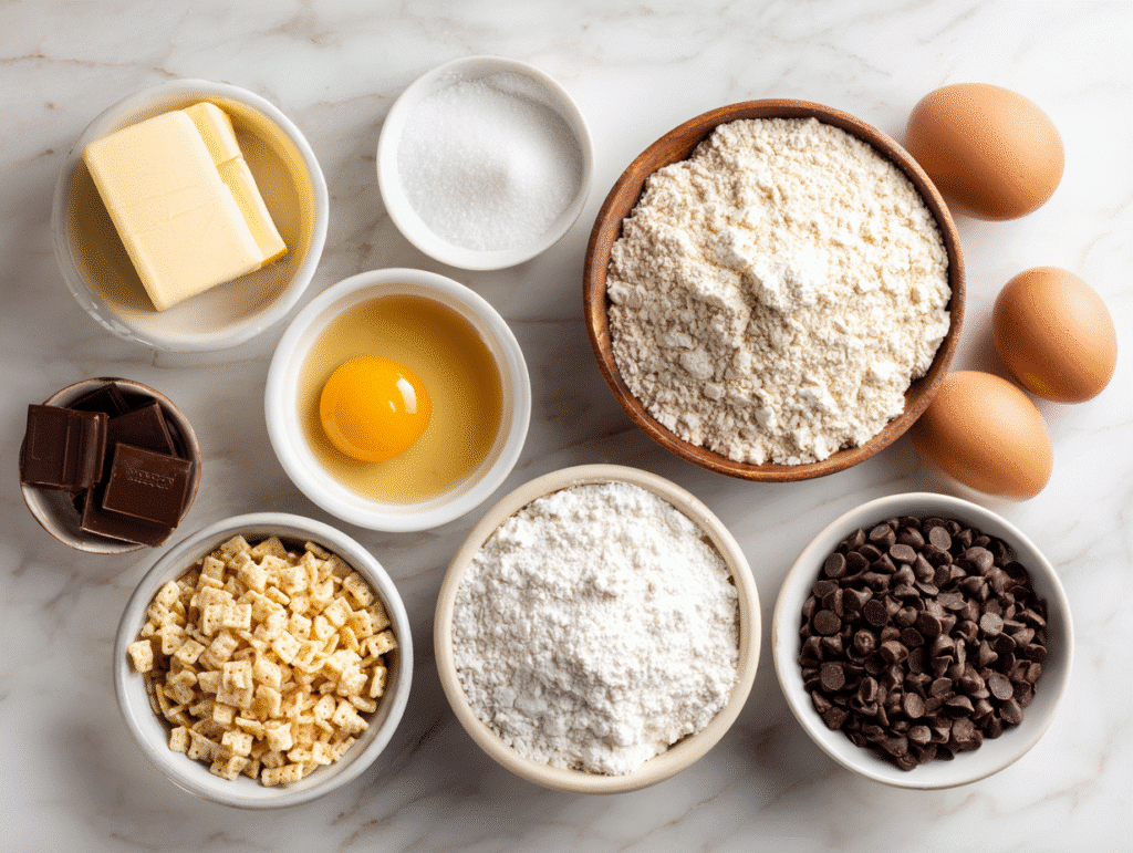 Ingredients for Rice Krispie chocolate chip cookies laid out in bowls