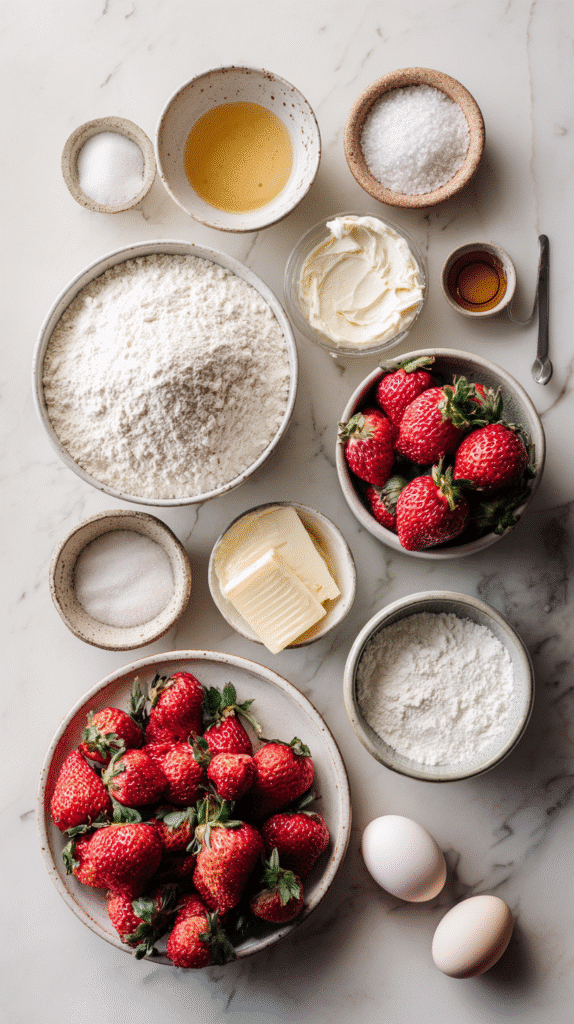 Ingredients for Strawberry Cream Cheese Pound Cake including butter, cream cheese, strawberries, and flour.