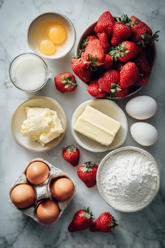 Ingredients for strawberry crêpe recipe on marble countertop