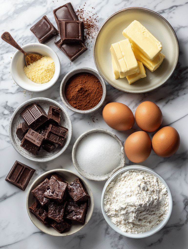 fudgy brownie ingredients on marble counter