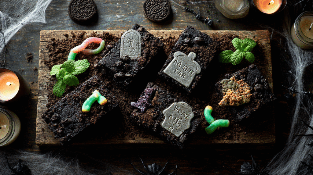 Graveyard Dirt Brownies with tombstones and gummy worms