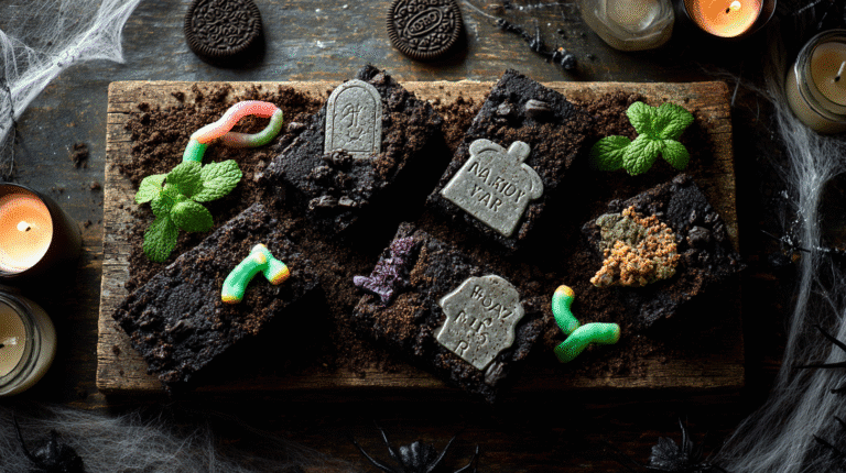 Graveyard Dirt Brownies with tombstones and gummy worms