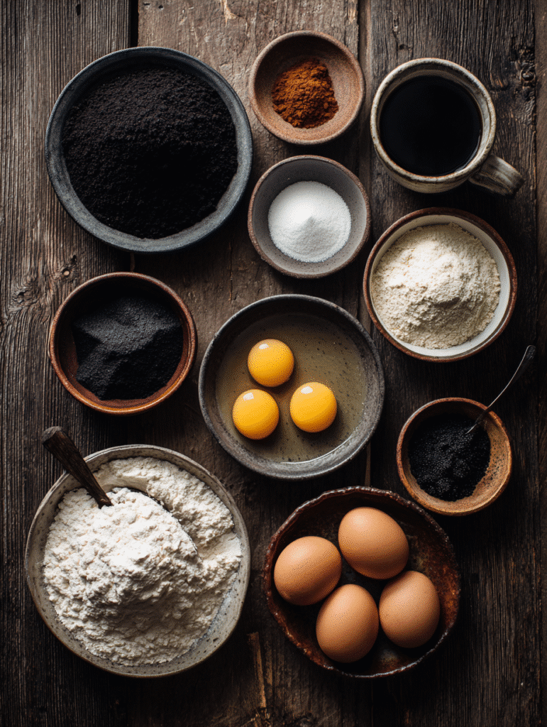 Ingredients for making black velvet Halloween cake