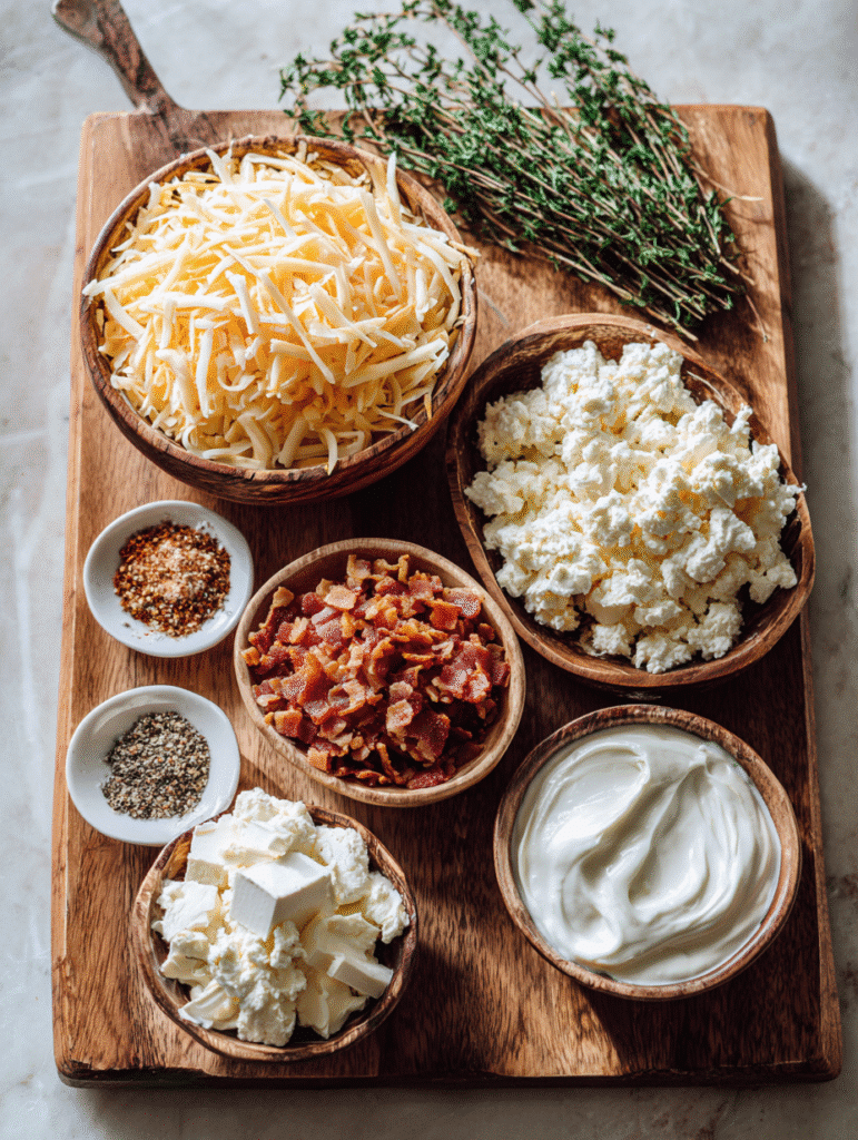 Ingredients for smoked gouda bacon dip on wooden board