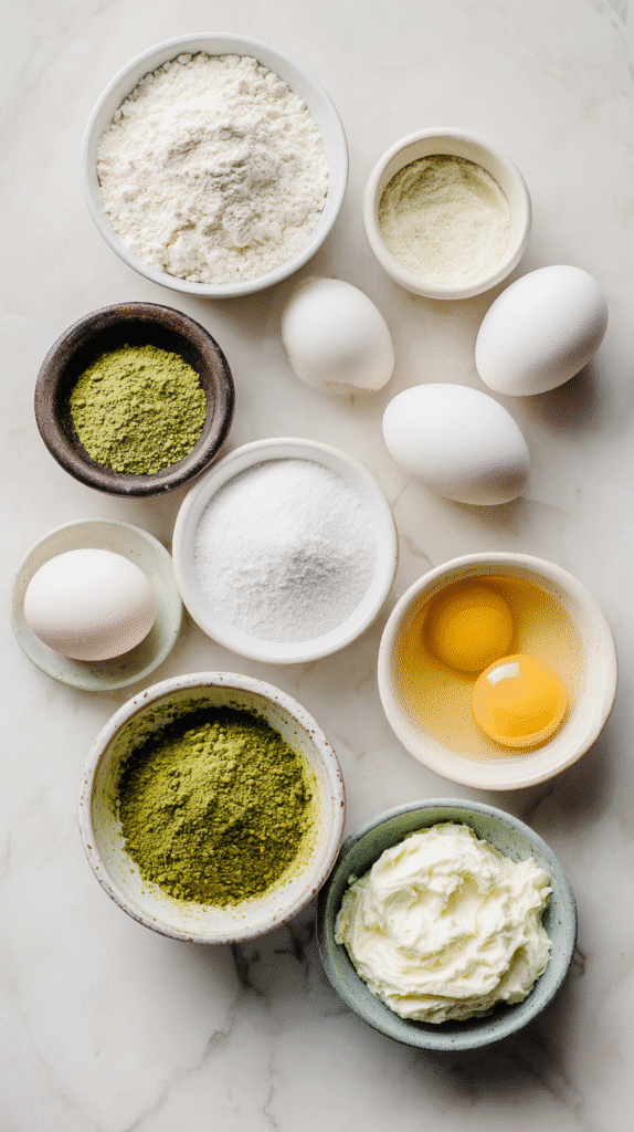 Matcha cake ingredients flat lay