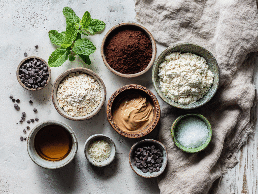 Ingredients for mint chocolate chip protein balls