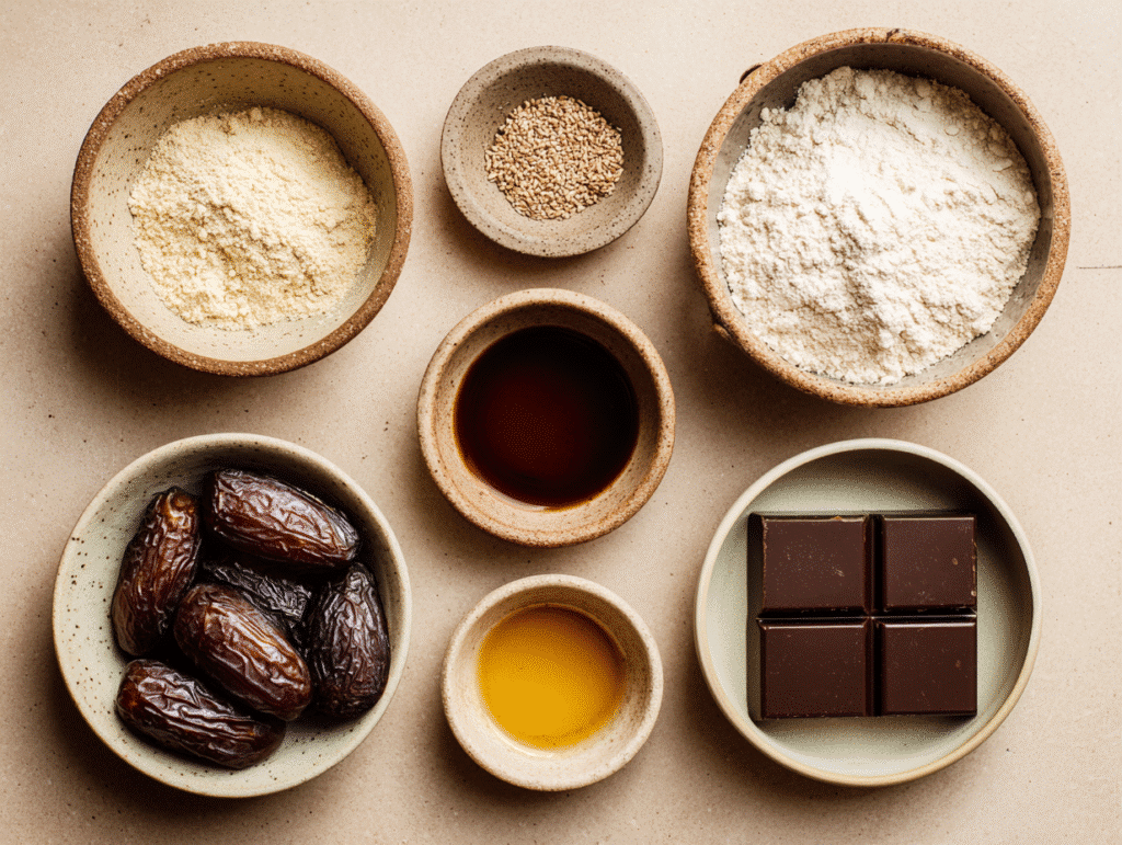 Ingredients for healthy Twix bars recipe laid out in bowls