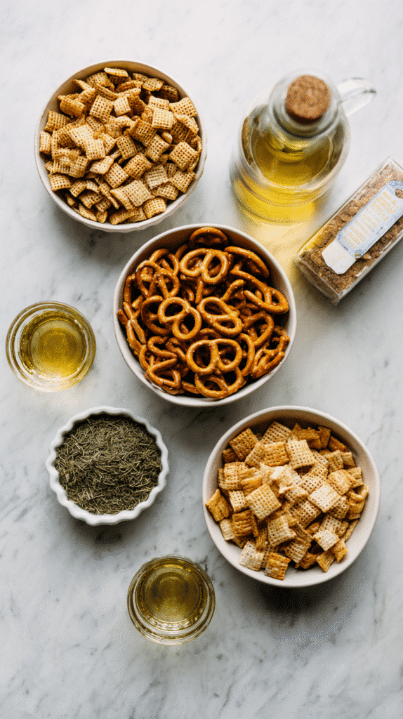 Dill Pickle Chex Mix ingredients flat lay