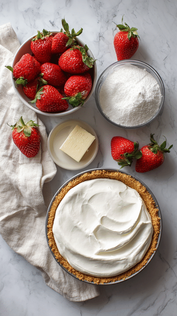 Strawberry Cool Whip Pie ingredients flat lay