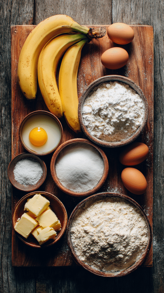 Flat lay of ripe bananas, flour, sugar, butter, and eggs arranged neatly on a wooden counter, ready to bake banana bread, warm light, rustic style