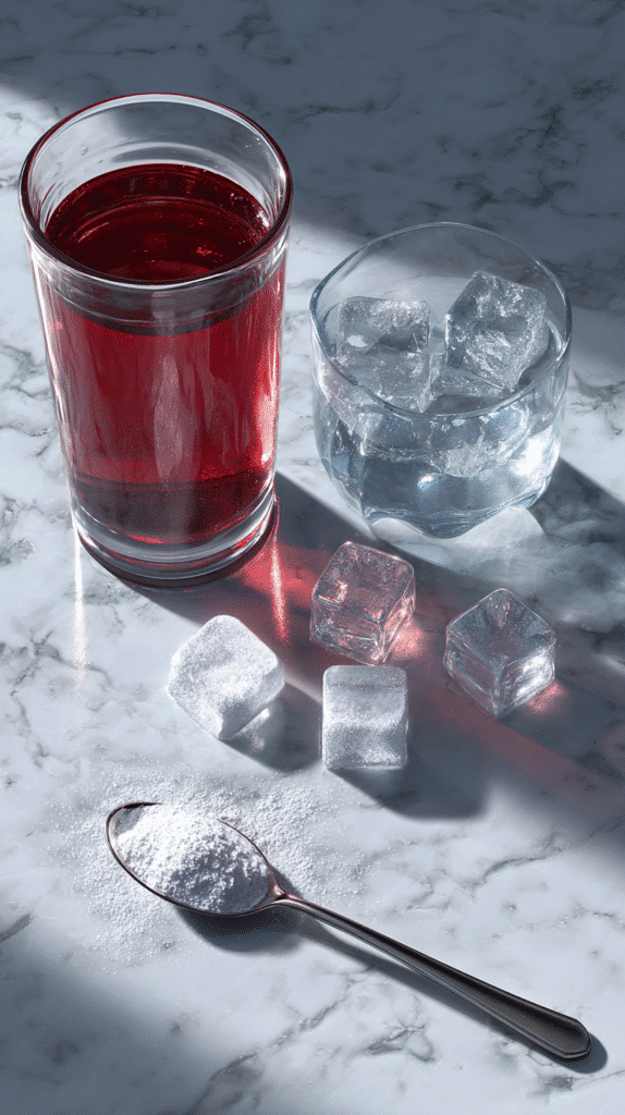 Sleepy Girl Mocktail ingredients on marble counter