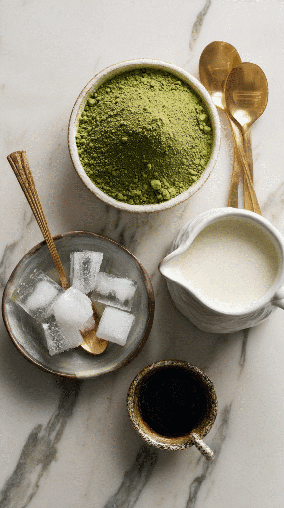 Starbucks Matcha Latte Recipe ingredients flat lay