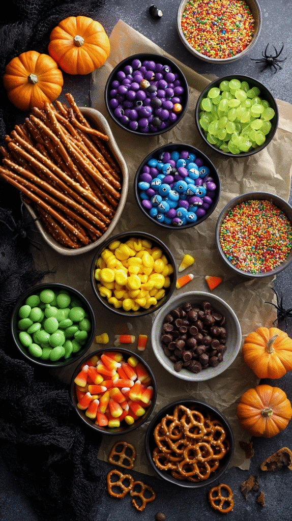 Monster Halloween Pretzel ingredients flat lay