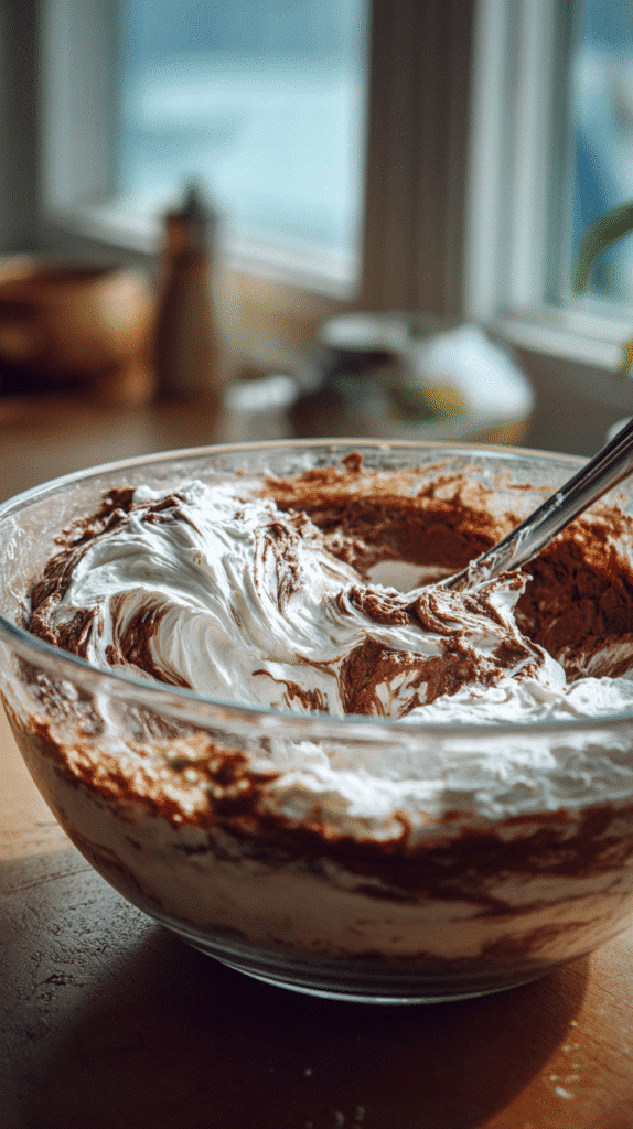 Folding whipped cream into brownie batter dip mixture