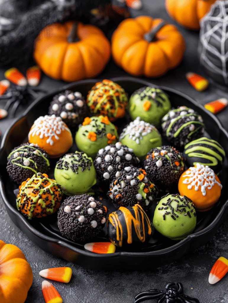 Serving Frankenstein Oreo Balls on a Halloween-themed platter.