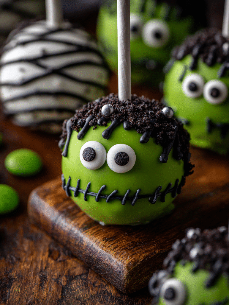 Decorating Frankenstein Oreo Balls with candy melts and eyes