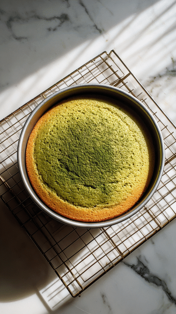 Baked matcha gateau cooling
