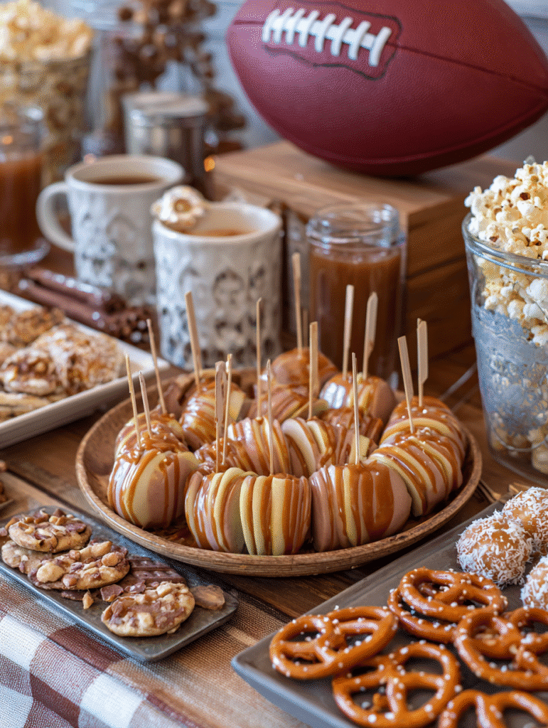 Sliced Football Gameday Caramel Apples on game day table