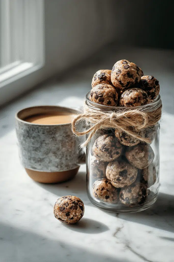 serving chocolate chip protein balls in jar