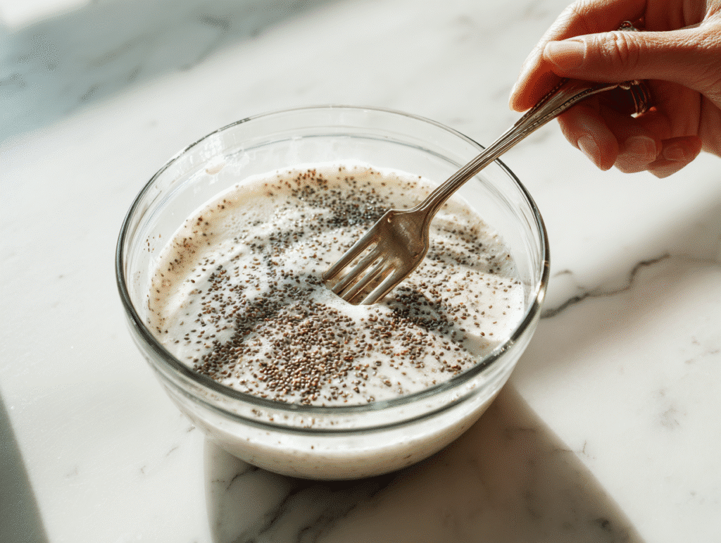 mixing coconut milk and chia seeds in bowl