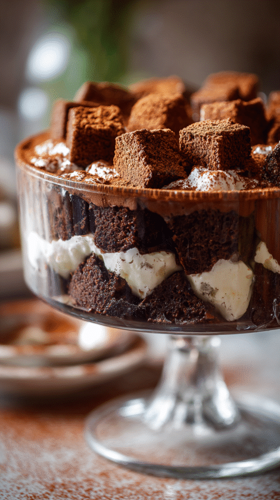 First cake layer in chocolate trifle bowl