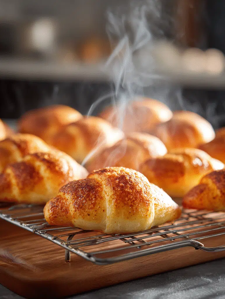 Freshly baked cream cheese crescent rolls cooling on a rack