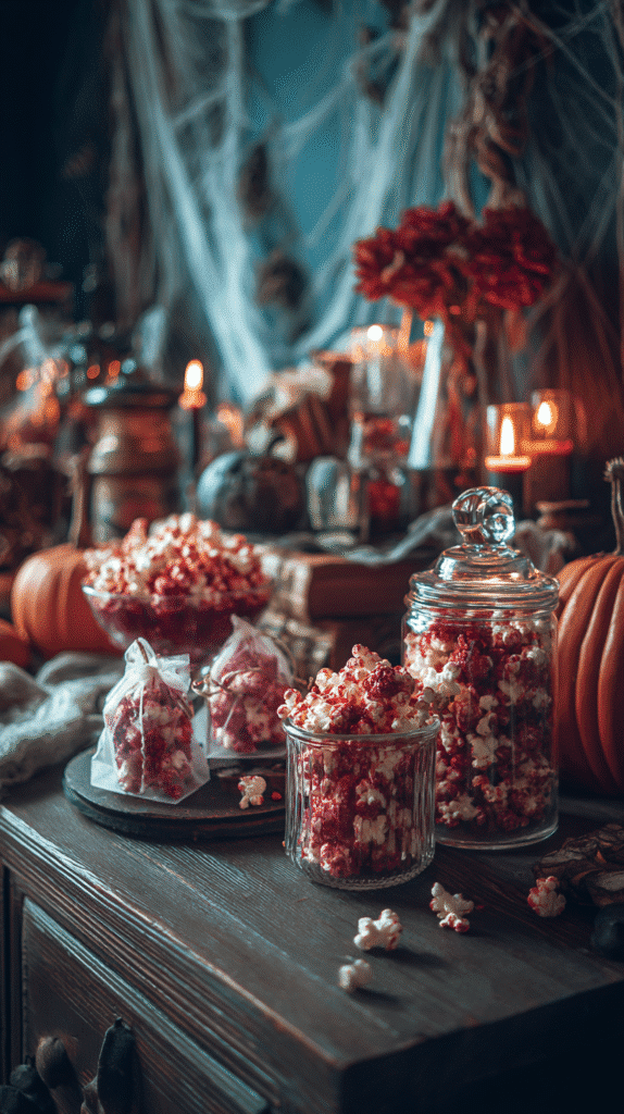 Bloody Red Velvet Popcorn in Halloween treat bags