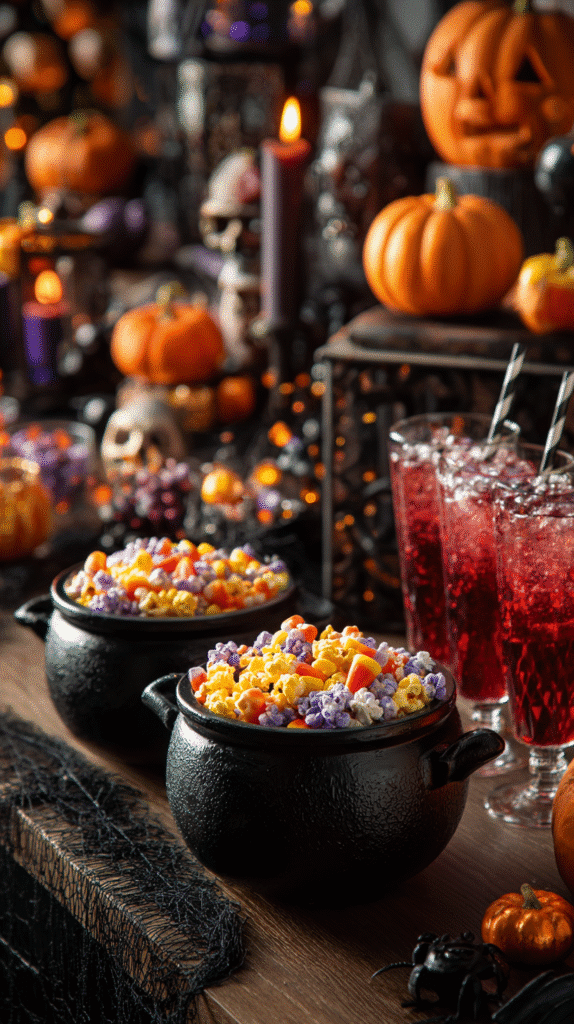 serving hocus pocus popcorn in cauldrons