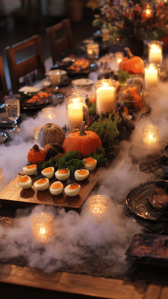 serving creepy deviled eggs at Halloween party