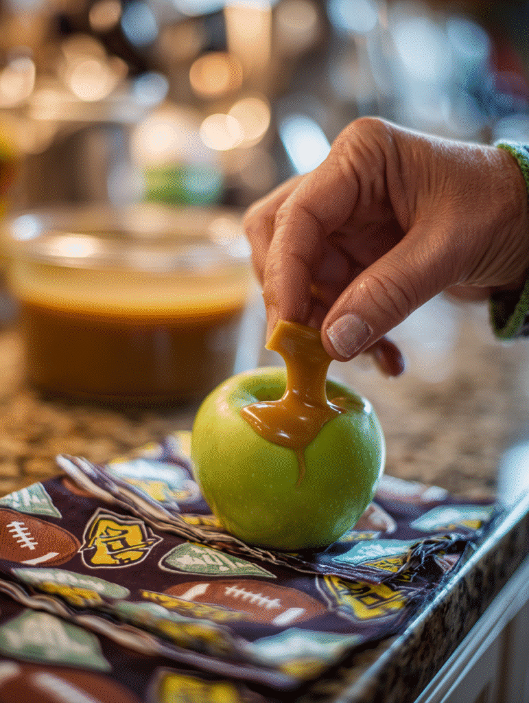 Dipping apple in caramel for Football Gameday Caramel Apple 4-Pack