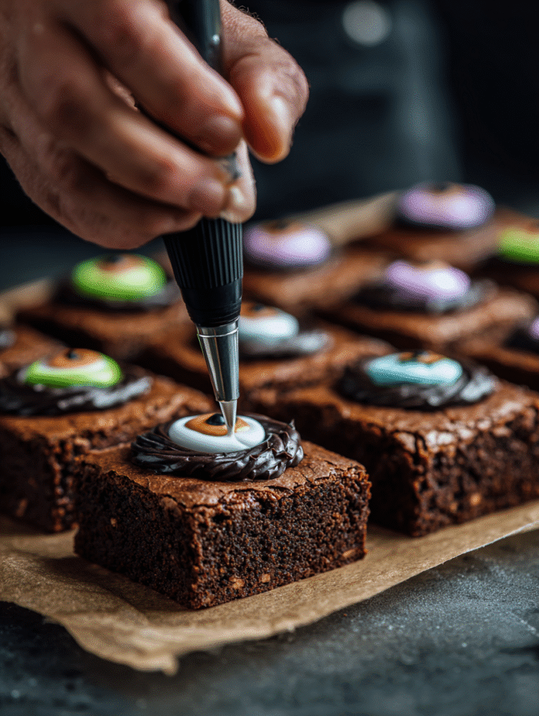 Decorating spellbook brownies with icing