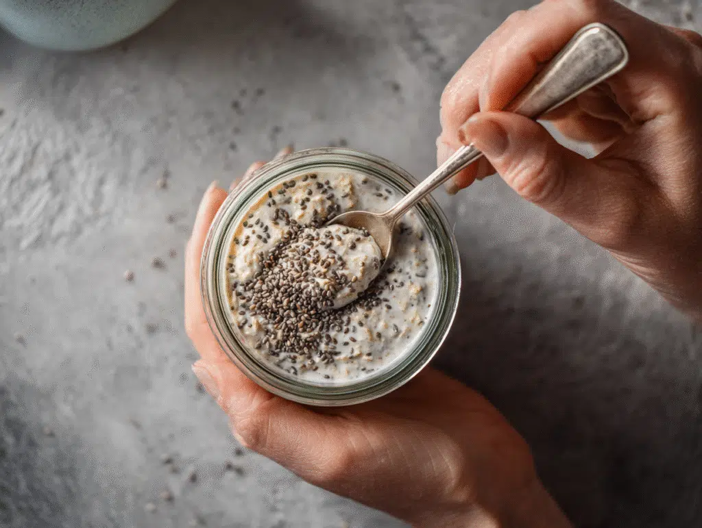 Hand stirring coconut cream pie overnight oats