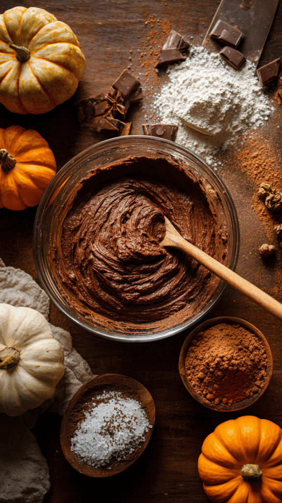 Mixing brownie batter for Monster Mash Brownies