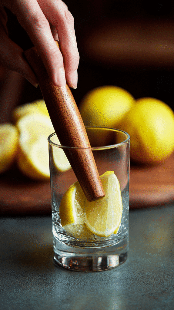Muddling lemon wedges in a cocktail shaker
