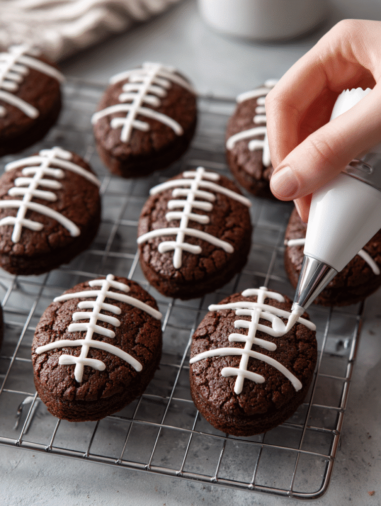 football-shaped brownies being decorated