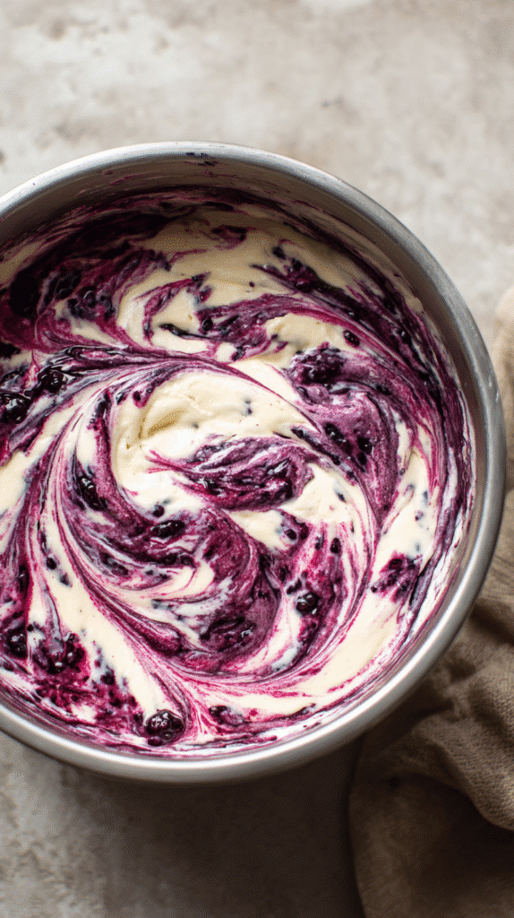 Swirling blackberries into cheesecake mix for pops