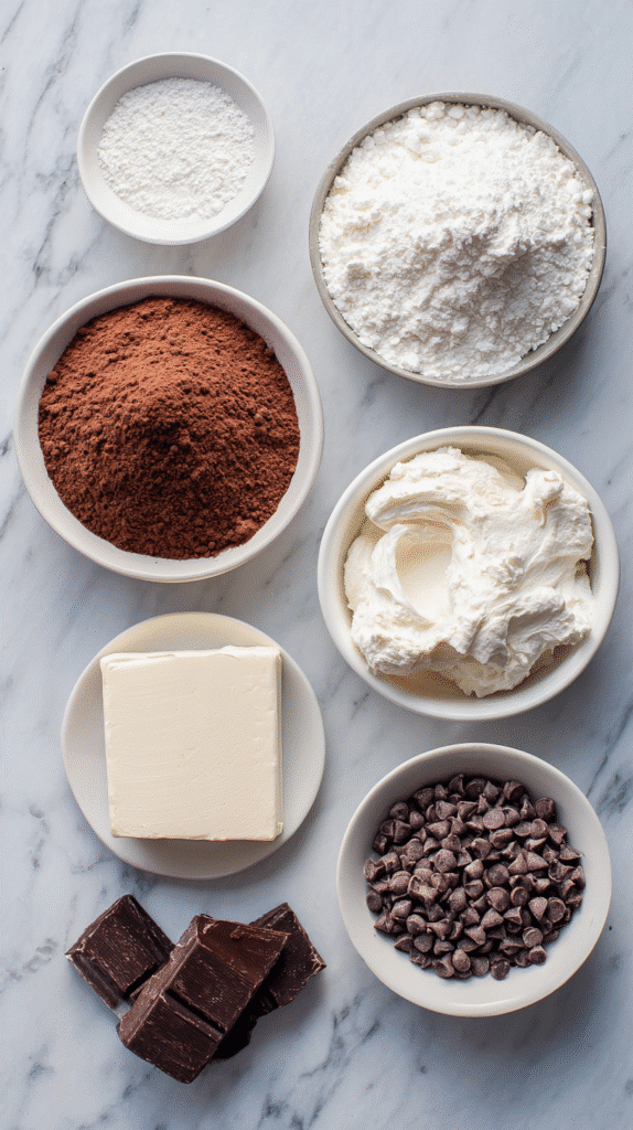 Ingredients for making brownie batter dip on marble surface