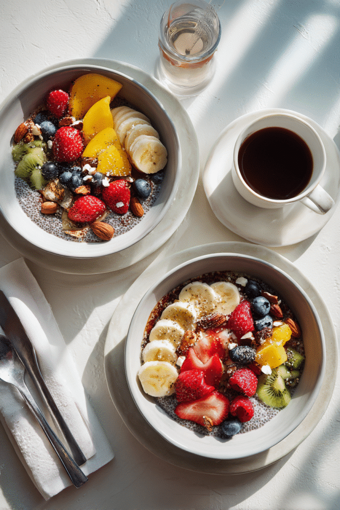 Served chia pudding with yogurt and toppings
