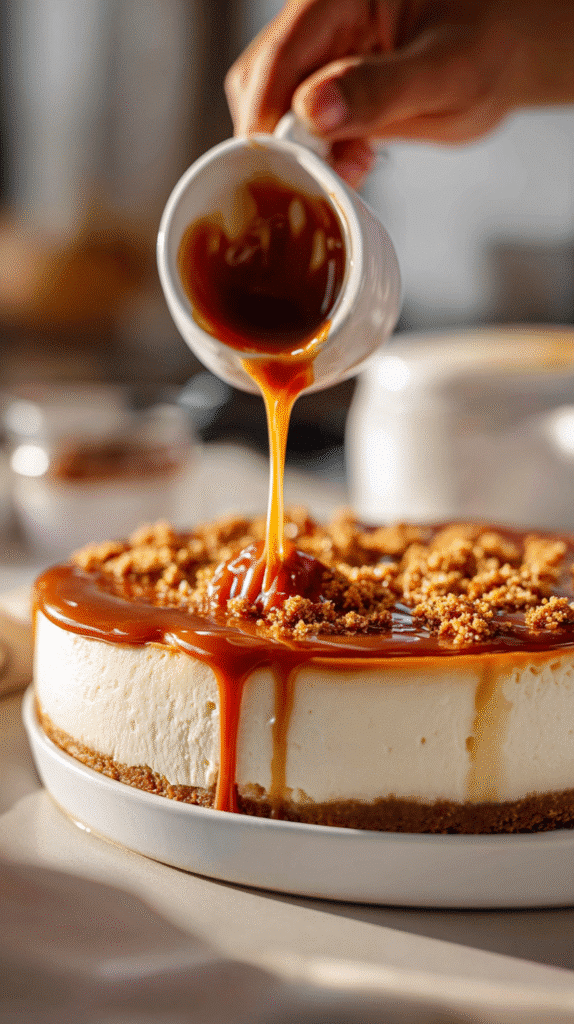 Drizzling caramel over cheesecake base
