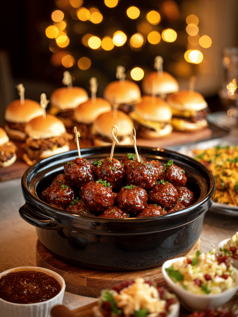 Honey BBQ Crockpot Meatballs served with appetizers