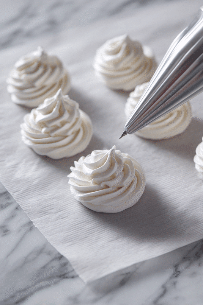 piping pavlova cookies on marble countertop