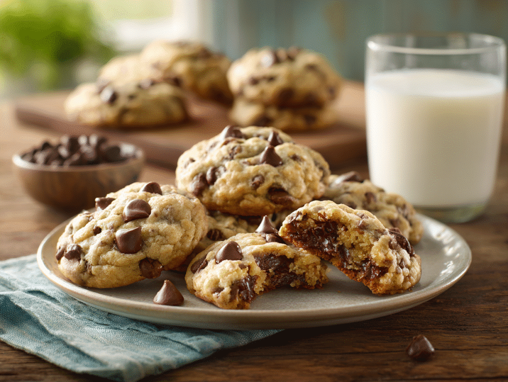 Fresh Rice Krispie chocolate chip cookies served with milk