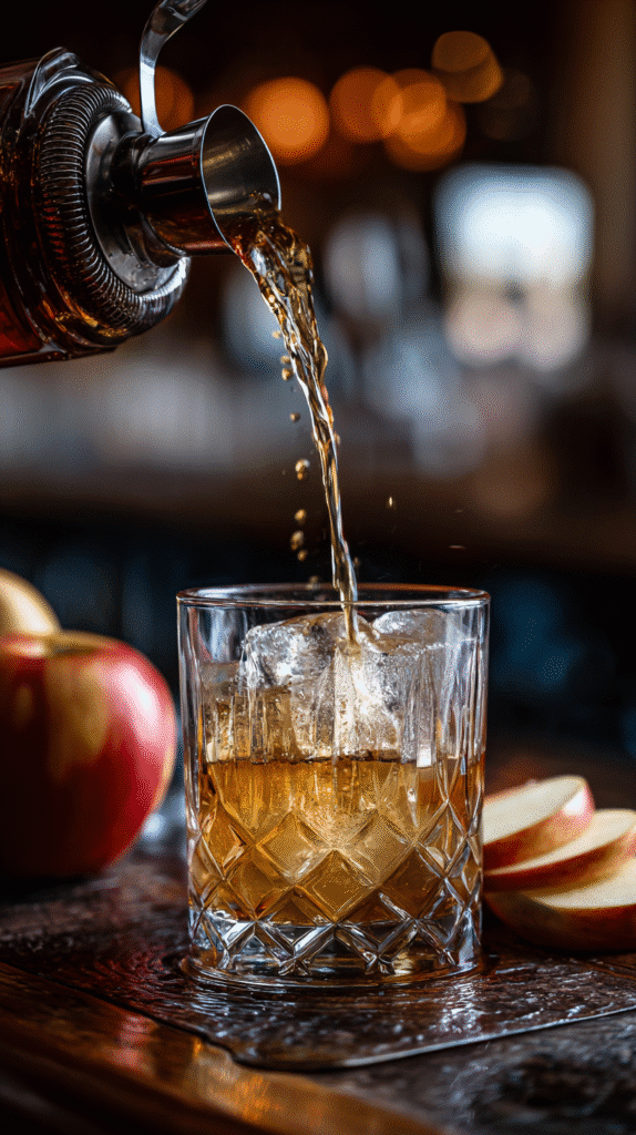 Pouring bourbon and apple cider into the shaker over ice
