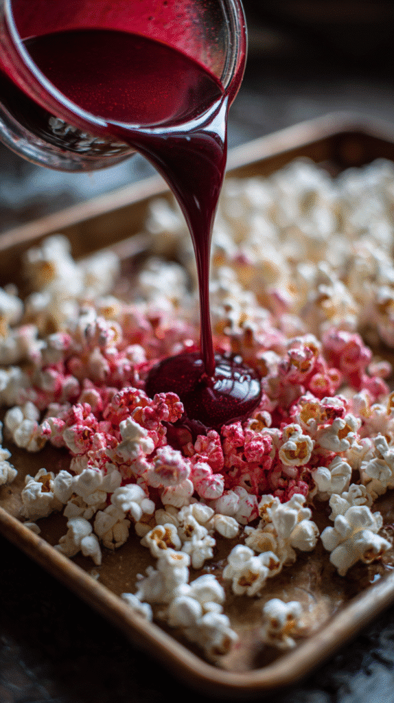 Red cocoa mix poured over popcorn