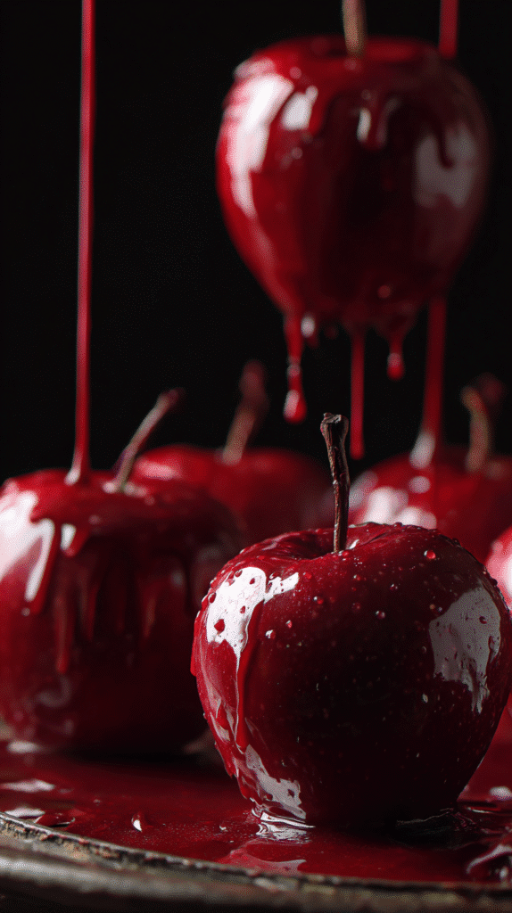 Dipping apples into red candy coating