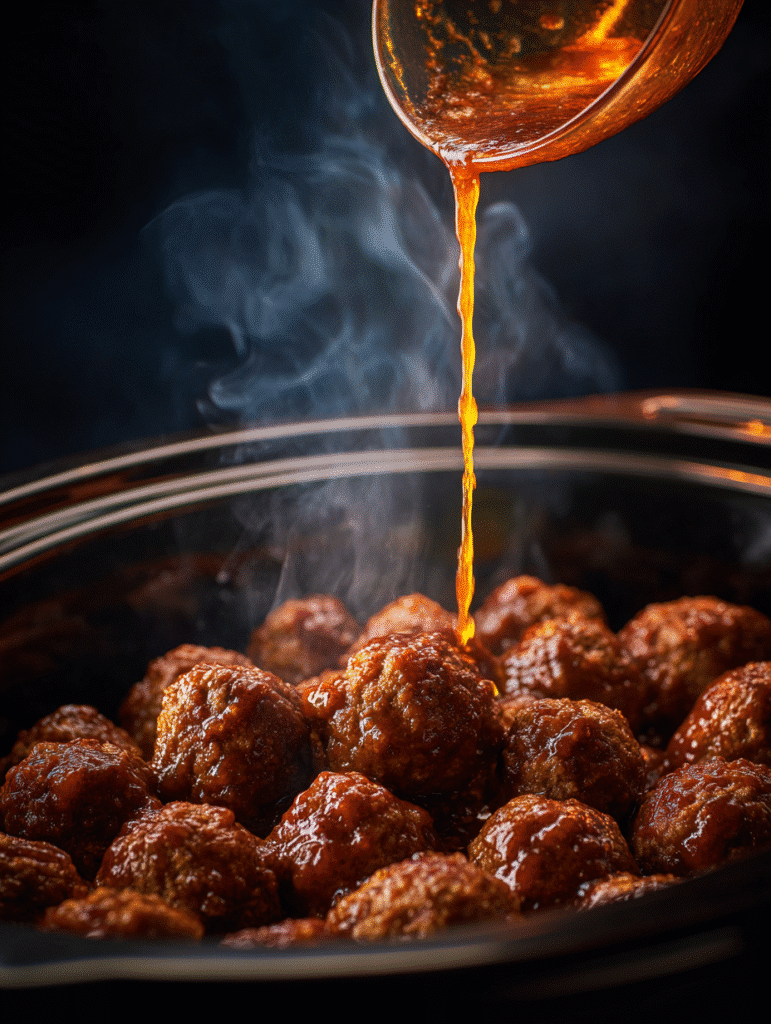Pouring sauce over crockpot meatballs