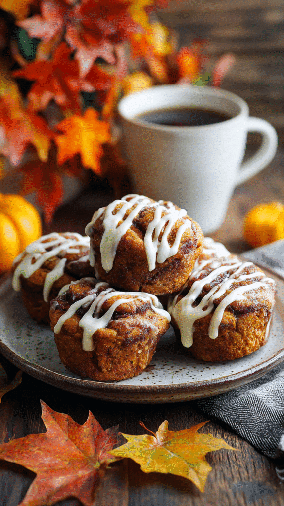 Pumpkin cinnamon roll muffins served with coffee